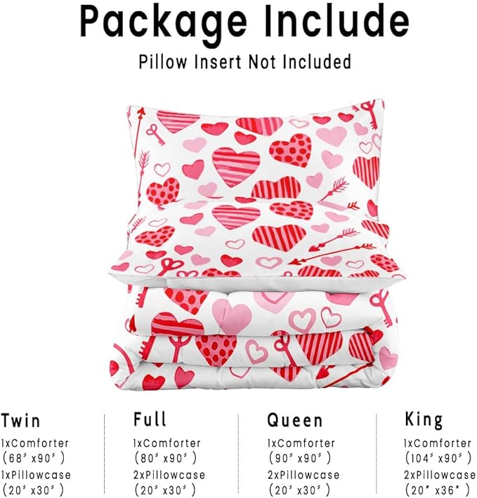 Valentine Hearts King Size Comforter Set with 2 Pillowcases, Red and Pink Heart Printed Pillow Shams Soft 3 Pcs Bedding for Kids Adults Bedroom Dormroom Bed Decor All Season