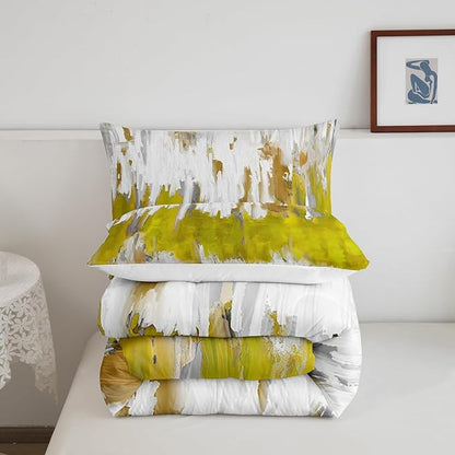 Erosebridal Yellow Bedding Full Gradient Brush Marks Comforter Set, Watercolor Stripe Aesthetic Down Comforter Abstract Ombre Bedding Comforter Sets, Chic Vintage Contemporary Duvet Insert 3pcs