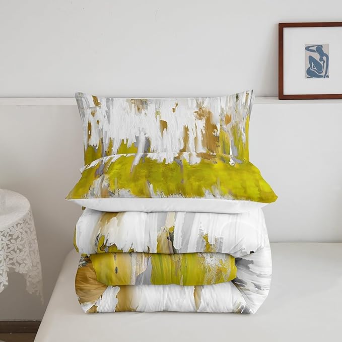 Erosebridal Yellow Comforter Set King Gradient Brush Marks Bedding Set, Watercolor Stripe Aesthetic Bedding Comforter Sets Abstract Ombre Duvet Sets, Chic Vintage Contemporary Quilted Comforter 3pcs