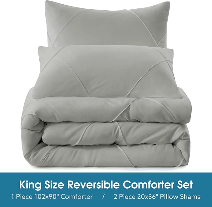 BYSURE 3 Pieces King Comforter Set(Grey), Lightweight Bedding Set with 2 Pillow Shams, Down Alternative Diamond Stitched Bedding Comforter for All Season