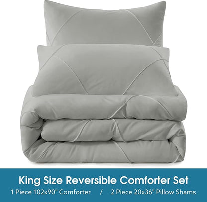 BYSURE 3 Pieces King Comforter Set(Grey), Lightweight Bedding Set with 2 Pillow Shams, Down Alternative Diamond Stitched Bedding Comforter for All Season
