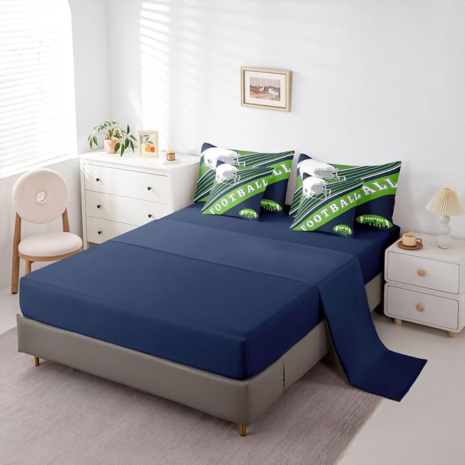 Erosebridal Football Comforter Set Full Size Bed in A Bag, 7 Pieces Football Bedding with Sheets, Navy Green Comforter + Flat Sheet + Fitted Sheet + 2 Pillowcases + 2 Throw Pillow Covers