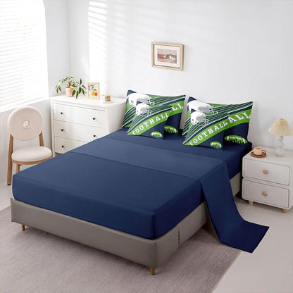 Erosebridal Football Comforter Set Full Size Bed in A Bag, 7 Pieces Football Bedding with Sheets, Navy Green Comforter + Flat Sheet + Fitted Sheet + 2 Pillowcases + 2 Throw Pillow Covers