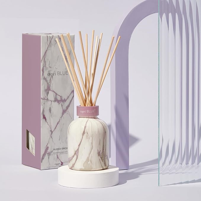 Capri Blue Modern Marble Reed Diffuser Set - Includes Reed Diffuser Sticks, Scented Oil & Glass Bottle - Luxury Scents for Bedroom Decor & Bathroom Air Freshener - Aloha Orchid (5.7 fl oz)