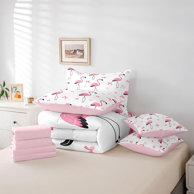 Erosebridal Bowknot Flamingo Girls Kawaii Black Pink King 7-Piece Comforter Set | Princess Sheets and Pillowcases Animal Aesthetic Y2K Bed in A Bag Cute Bow Bed Sets