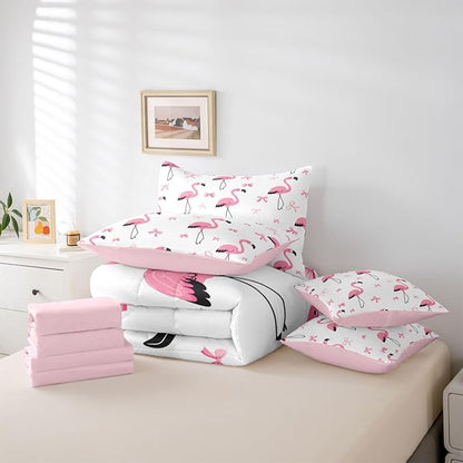 Erosebridal Bowknot Flamingo Girls Kawaii Black Pink 7 Piece Bedding Set Twin | Princess Comforter Set with Sheets Animal Aesthetic Y2K Bed in A Bag Cute Bow Bed Sets