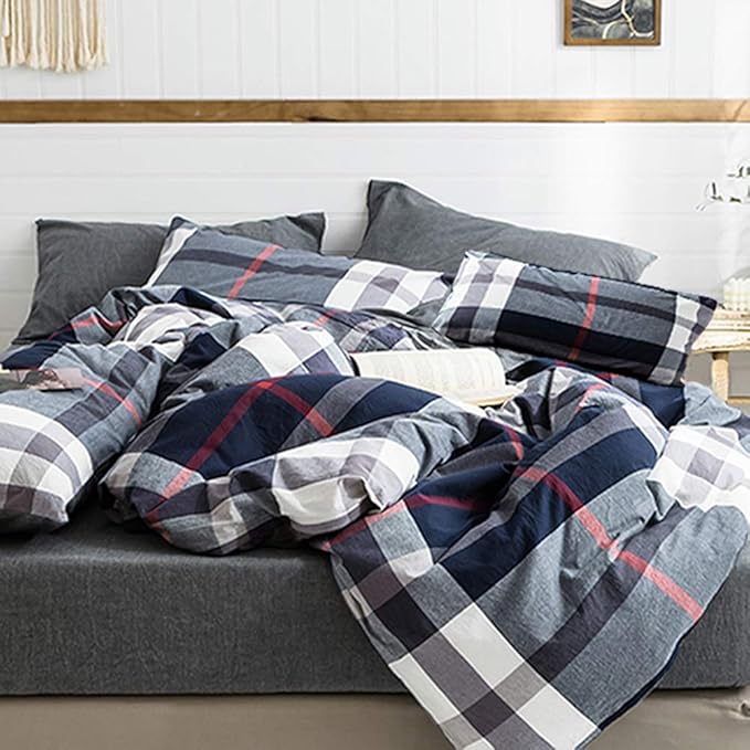 Cottonight Blue Plaid Comforter Set Twin Kids Bedding Set Navy Buffalo Checkered Comforter Lightweight for Boys Teens Soft Cozy