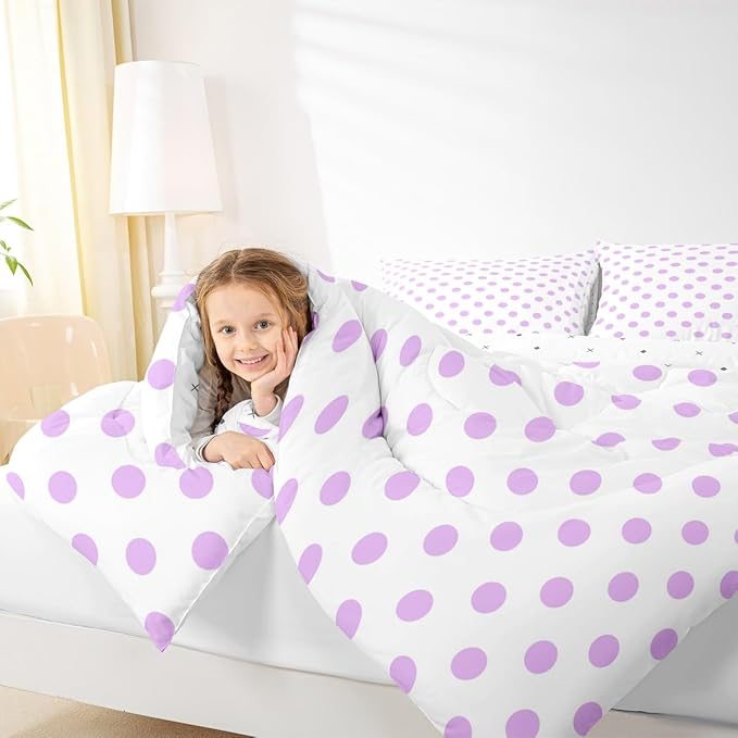 Manfei Purple Polka Dots Kids Comforter Set,Geometric Circles Purple White Simple Art Bedding Set All Season,French Style Dots Cartoon Cute Comforter 2 Pcs with 1 Pillowcase,Twin Size