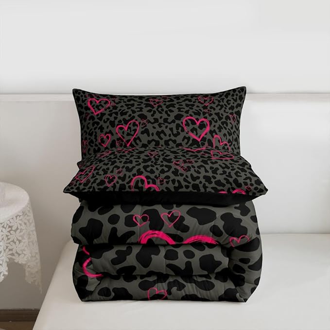 Erosebridal Grey Black Leopard Comforter for Kids Boys Girls,Pink Love Hearts Toddler Bedding Set,African Cheetah Print Duvet Insert,Farmhouse Rustic Quilt Bedroom Decor