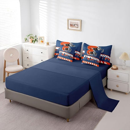 Erosebridal Football City 7 Pcs Comforter Set Twin Football Bedding for Boys Girls Blue Orange Rugby Game Sheet Set Bed in A Bag Football Fans Bedroom Decor Sports Ball Team Bed Set