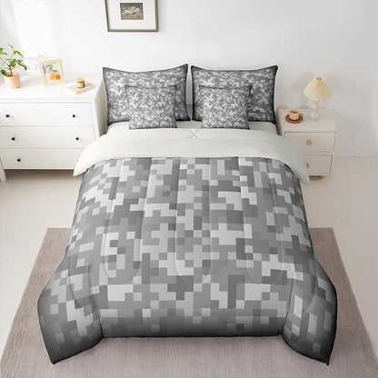 Castle Fairy Grey Pixel Grid 7 Piece Comforter & Sheet Sets Full Size,Miner Video Games Bedding Set Abstract Camouflage Bed in a Bag Grid Flat & Fitted Sheets,4 Pillow Covers