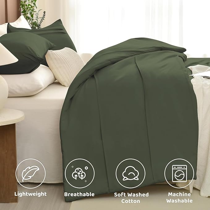 Sanracie King Comforter Set(106"x 95"), Cotton Olive Green Color Pinch Pleated Bedding Sets,3Pcs Lightweight Breathable Neutral Comforter Sets for All Season
