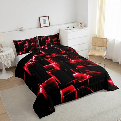 Erosebridal Red and Black Geometric Comforter Set Twin Size Modern 3D Stereoscopic Square Bedding Sets, Gradient Neon Honeycomb Duvet Set 2 Pieces Soft Microfiber Quilt for All Season