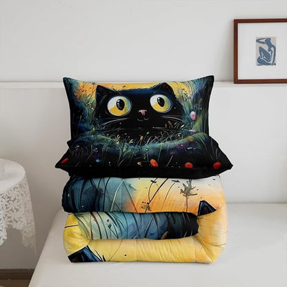 Manfei Kawaii Cat Full Bedding Set,Cartoon Black Cat Comforter Set Reversible Bed Set for Bedroom Decor,Watercolor Flowers Leaves 3 Pieces Quilt Set,Natural Animal Plants Duvet Insert,2 Pillow Cases