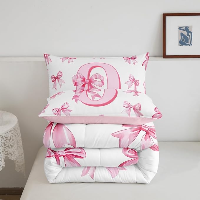 Erosebridal Dreamy Princess Bowknot Girls Twin Bedding Set Kids Pink Initial Letter O Bedding Comforter Sets Cute Kawaii Letter Bow Comforter Set Romantic Chic Bowknot Quilt Duvet 2 Pcs