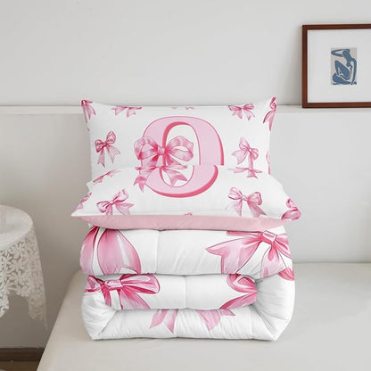 Erosebridal Dreamy Princess Bowknot Girls Queen Bedding Set Kids Pink Initial Letter O Bedding Comforter Sets Cute Kawaii Letter Bow Comforter Set Romantic Chic Bowknot Quilt Duvet 3 Pcs