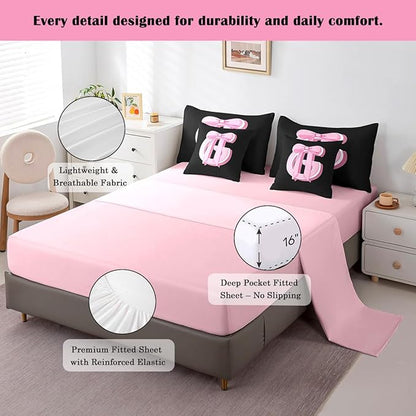 jejeloiu Kids Girls Black Pink Bow Comforter Set with Sheets Queen Size Monogrammed 7 Piece Bedding Set Personalized Initial G Bed in a Bag with Comforter,Sheets,Pillowcases Modern Fashion Bed Set