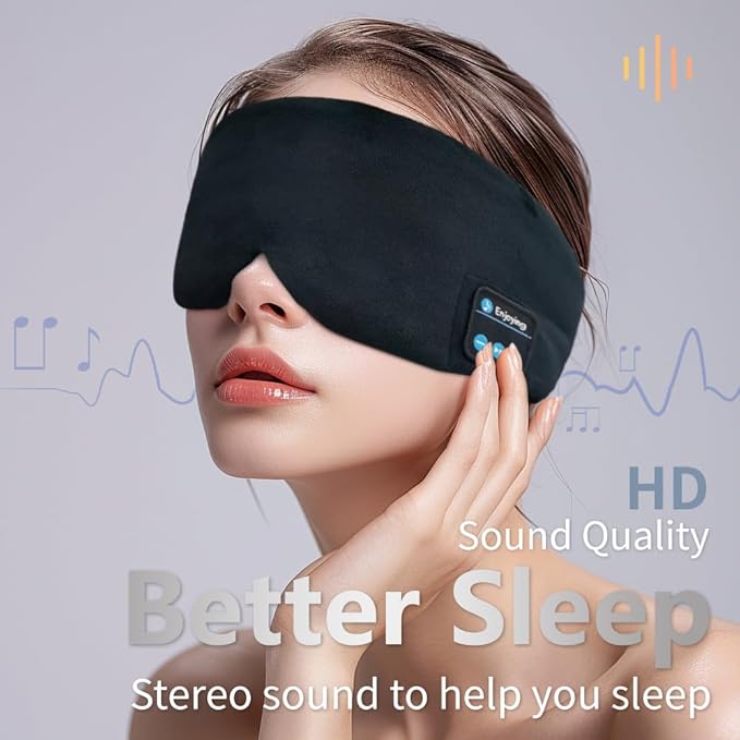 Soft Sleep Eye Mask Bluetooth Headphones, Adjustable Sleep Headband Headphones for Sleeping Meditation Insomnia, Wireless Music Eye Cover Earbuds for Airplane Travel Nap, Black