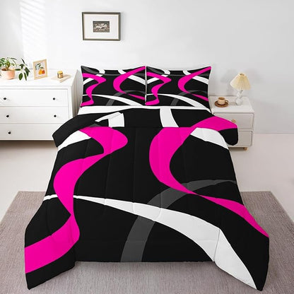 Erosebridal Grey Black Hot Pink Bedding Comforter Sets Gray White Striped Abstract Bedding Set King for Kids Girls Teen Women Geometric Stripes Down Comforter Modern Fashion Quilt Duvet