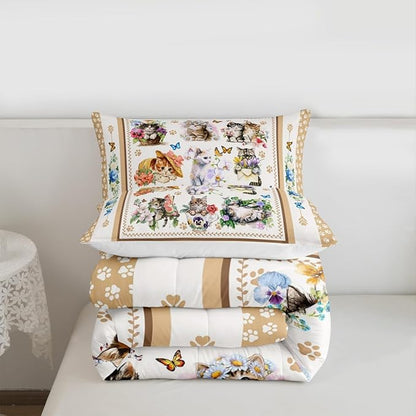Cute Cats Kids Comforter Set Twin Size,Cartoon Animal Paws Print Toddler Bedding Set,Girls Boys Adults Room Decor,Butterfly Flowers Romantic Down Comforter,Bright Lovely Duvet Insert,1 Pillowcase