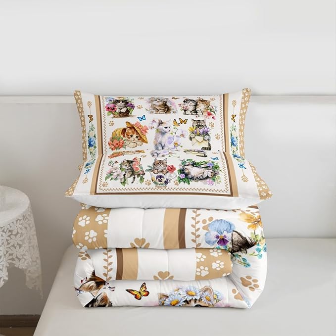 Cute Cats Kids Comforter Set King Size,Cartoon Animal Paws Print Toddler Bedding Set,Girls Boys Adults Room Decor,Butterfly Flowers Romantic Down Comforter,Bright Lovely Duvet Insert,2 Pillowcases