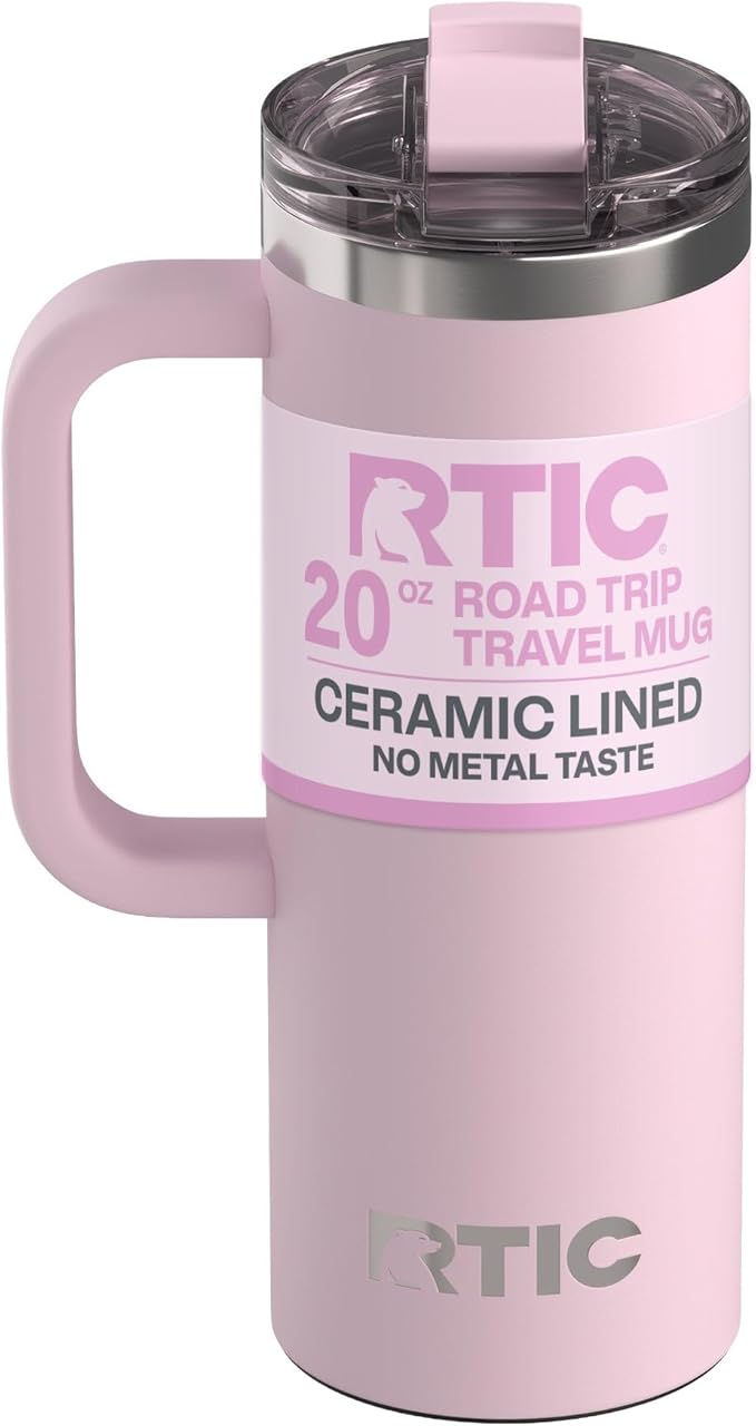 RTIC 20oz Road Trip Travel Mug with Lid and Handle, Ceramic Lined, Insulated, Stainless Steel, Metal, Double Wall Vacuum-Insulation, Portable Coffee, Tea Cup for Hot and Cold Drink, Pale Pink