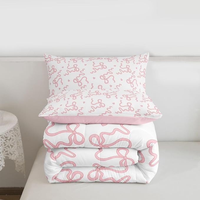 Pink Bow Print Comforter Set King Size,Girl Sweet Princess Style Bedding Sets 3Pcs for Kids Girls Women Room Decor,Cute Love Pattern Quilted Duvet Girly Bowknot Down Comforter,2 Pillowcases