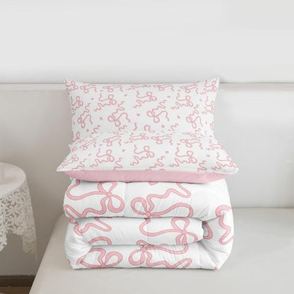 Pink Bow Print Comforter Set Queen Size,Girl Sweet Princess Style Bedding Sets 3Pcs for Kids Girls Women Room Decor,Cute Love Pattern Quilted Duvet Girly Bowknot Down Comforter,2 Pillowcases