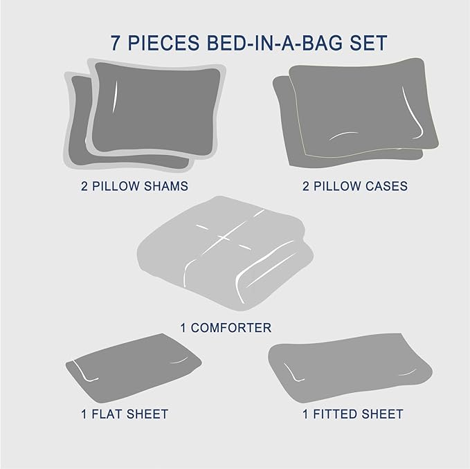 Zzlpp Black King Comforter Set 7 pieces, Seersucker Bed in a Bag with Comforter and Sheets, All Season Bedding Sets with 1 Comforter, 2 Pillow Shams, 2 Pillowcases, 1 Flat Sheet, 1 Fitted Sheet