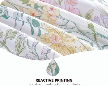 SLEEPBELLA Queen Size Comforter Set Yellow & Pink & Blue Flowers Botanical Pattern Printed on White 100% Cotton Fabric, Ultra Soft Microfiber Inner Fill 3Pcs Bedding Set