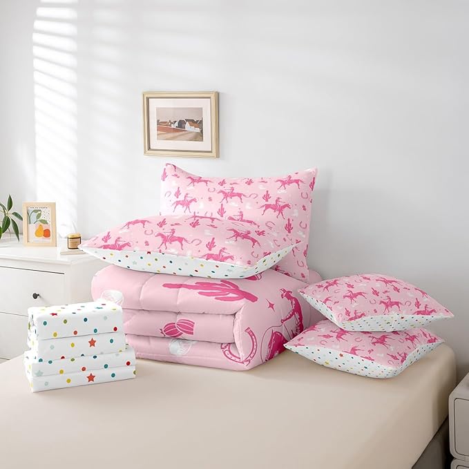 Feelyou Pink Western Cowgirl Comforter Set with Sheets King Size Kids West Cowboy Horse 7 Pieces Bedding Set for Boys Girls Teens Rodeo Horseshoe Hat Bed in a Bag Grunge Design Bed Set Cactus