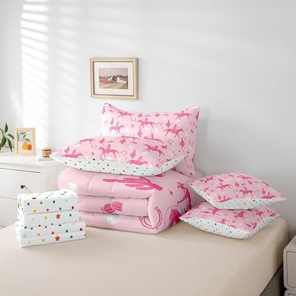 Feelyou Pink Western Cowgirl Comforter Set with Sheets King Size Kids West Cowboy Horse 7 Pieces Bedding Set for Boys Girls Teens Rodeo Horseshoe Hat Bed in a Bag Grunge Design Bed Set Cactus