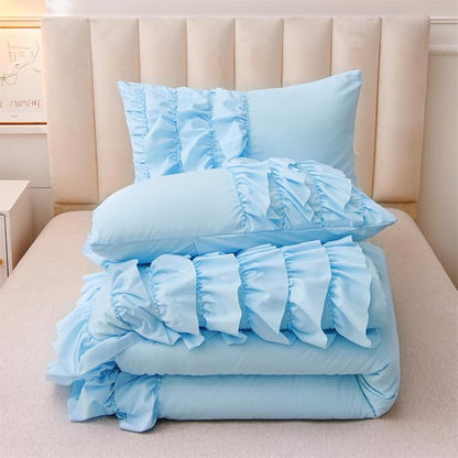 Holawakaka Light Blue Waterfall Ruffle Comforter Set, Full Size Shabby Chic Ruffled Bedding Set for Girls Women, Kids Teens Ruched Dorm Bed Set 3 Pieces