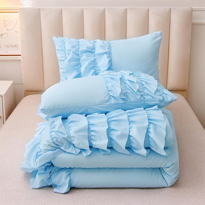 Holawakaka Light Blue Waterfall Ruffle Comforter Set Twin Size Multi-Layers Ruffled Shabby Chic 3PCS Bedding Set for Girls Women