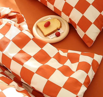 KAREVER Orange White Grid Comforter Set Full Burnt Orange Plaid Bedding Set Girls Reddish White Checkered Bed Blanket Set Kids Breathable Durable Bedding Comforter Set