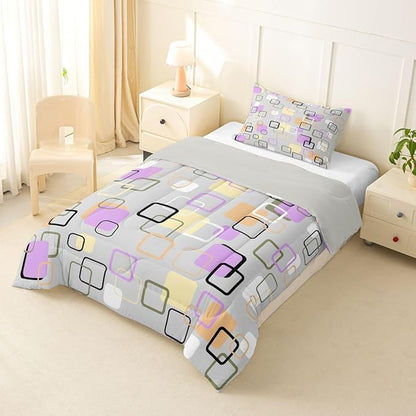Erosebridal Retro Geometric Square Toddler Comforter Set Pastel Purple Grey Plaid Bedding Set Modern Abstract Checkerboard Comforter for Kids Girls Boys Checkered Latticed Quilt Duvet
