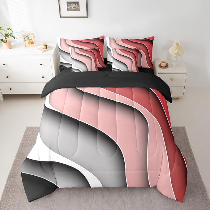 Rasberry Red Pink Grey Ombre Bedding Full Size 7-Piece for Girls Geometric Stripe Comforter Set, Aesthetic Wave Bedding Comforter Sets Modern Abstract Bed in a Bag, Gradient Bedding Accessories