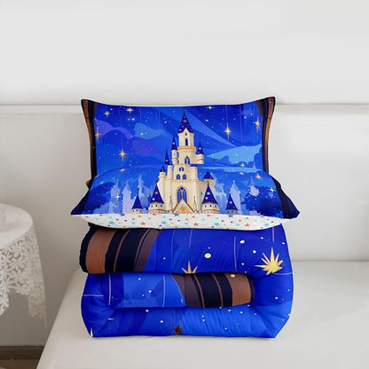 Manfei Princess Theme Kids Comforter Set Full Size,Cartoon Castle Girlish Bedding Set,Girls Women Room Decor,Glitter Starry Sky Galaxy Dreamy Down Comforter,Blue Romantic Duvet Insert,2 Pillowcases