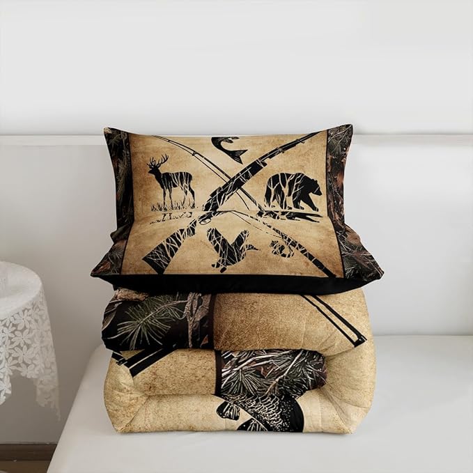 Erosebridal Hunting and Fishing Comforter Set Full Tree Branch Camo Bedding Set for Kids Boys Teen Men,Woodland Wildlife Bass Fish Duck Bear Deer Bed Comforter Set Rustic Farmhouse Cabin Quilt Set