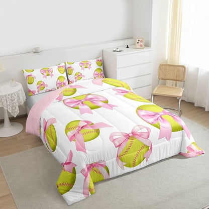 Cute Softball Comforter Set Queen Size,Pink Bowknot Print Bedding Sets 3Pcs for Kids Girls Boys Women Room Decor,Ball Sports Gaming Quilted Duvet Softball Player Down Comforter,2 Pillowcases