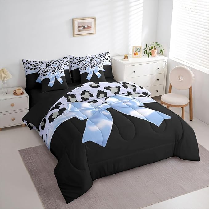 Feelyou Blue Silk Bowknot 7 Piece Bedding Set King Size Grey Leopard Comforter Set with Sheets for Kids Girls Women Black Blue Bed in a Bag Sweet Romantic Bed Set