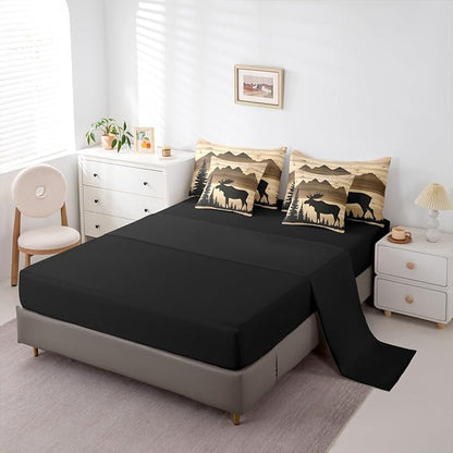 Erosebridal Antler Moose Bed in A Bag with Flat Fitted Sheets | Full Size 7 Pieces Hunting Deer Comforter Set with Sheets Rustic Cabin Lodge Bedding Set Woodland Country Deer Silhouette Bed Sets