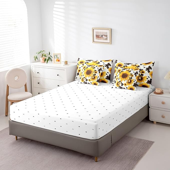Erosebridal 7 Pcs Sunflower Cow Comforter Set Full Size,Cow Printed Bed in a Bag with Flat Sheet and Fitted Sheet for Cowboy Cowgirl,Farmhouse Cowhide Bedding Set with Pillowcases and Cushion Cases