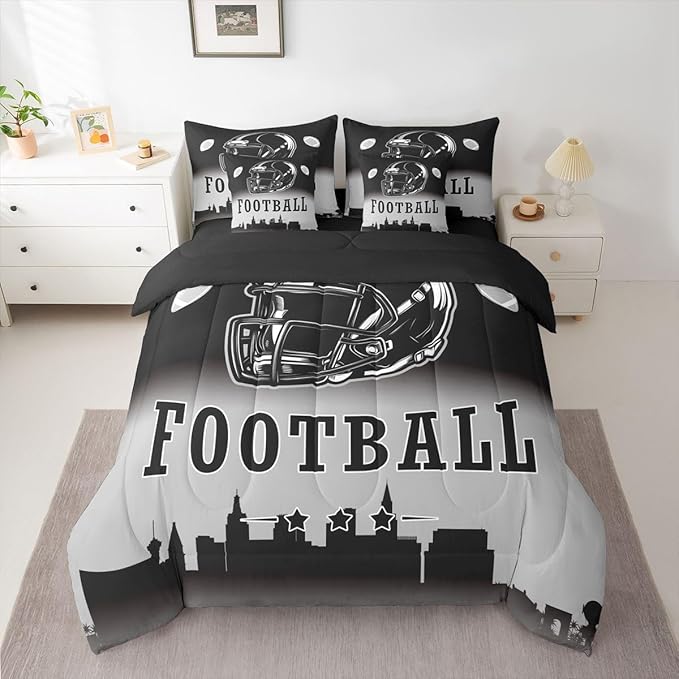 Erosebridal Football City Bed in A Bag Ball Sports Game 7 Piece Bedding Set American Soccer Sports Rugby Comforter Set with Sheets Full Size for Kids Teen Adults,Black Grey Ombre Bed Set