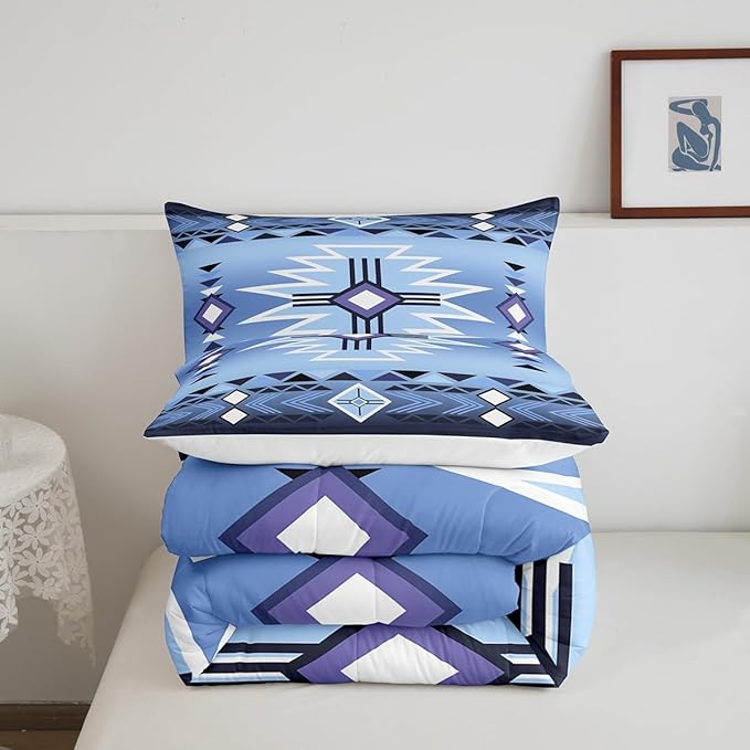 Blue Aztec Tribal Arrow Stripes Comforter Set King Size,Southwestern Bedding Set for Kids Girls Boys Adult Room Decor,Rustic Farmhouse Quilt Set Vintage Cowboy Duvet Insert,2 Pillowcases