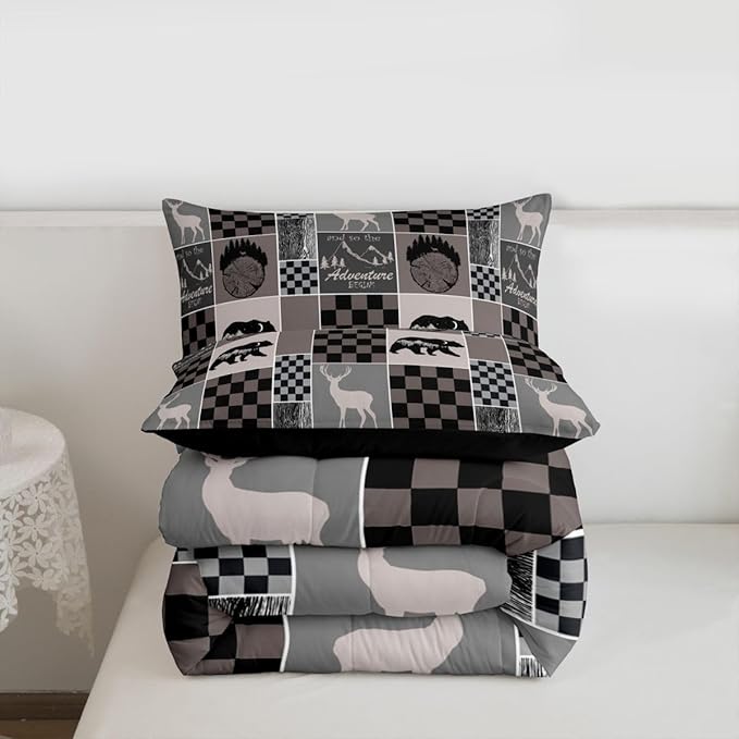 Cabin Bear Deer Comforter Set For Boys, Rustic Retro Country Animal Quilt Twin Size, Hunting Camper Lodge Bedding Comforter Sets Adventure Vintage Western Farmhouse Duvet Insert, Brown Gray Black