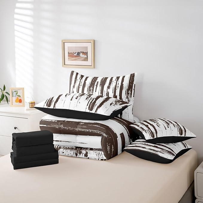 Erosebridal 7Pcs Khaki Abstract Geometric Queen Comforter Set for Women Men Adults,Boho Watercolor Bed in A Bag,Graffiti Ink Painting Modern Art Stripes Striped Quilt Set with Pillowcases