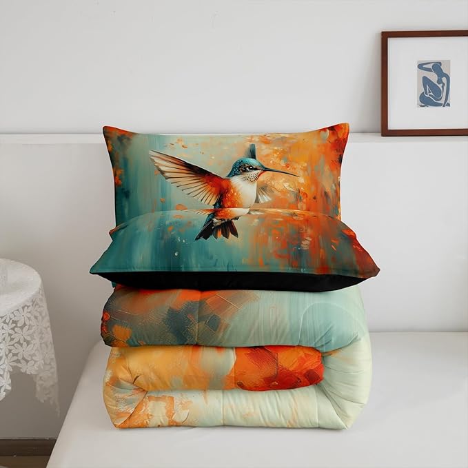 Feelyou Hummingbird Comforter Set Toddler Size Tropical Birds Comforter Hummingbird Flowers Bedding Set Blossoming Iris Flowers Duvet Set Room Decor Teal Quilt Set