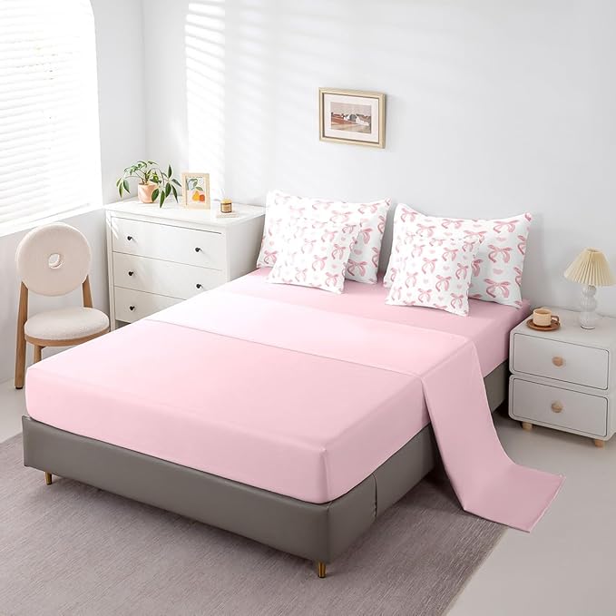 jejeloiu Cute Pink Bow 7 Piece Bedding Set Full Size Ribbon Bow Comforter Set with Sheets for Kids Women Cartoon Love Heart Bed in a Bag Pink White Bed Set