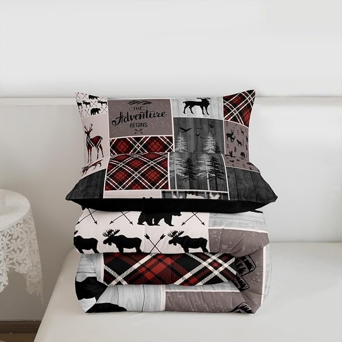 Retro Cabin Rustic Comforter Set For Room Decor, Country Farmhouse Lodge Quilt Bear Moose Deer Bedding Set Hunting Wild Animal Plaid Patchwork Duvet Insert Rustic Decorations For Home, Queen Size